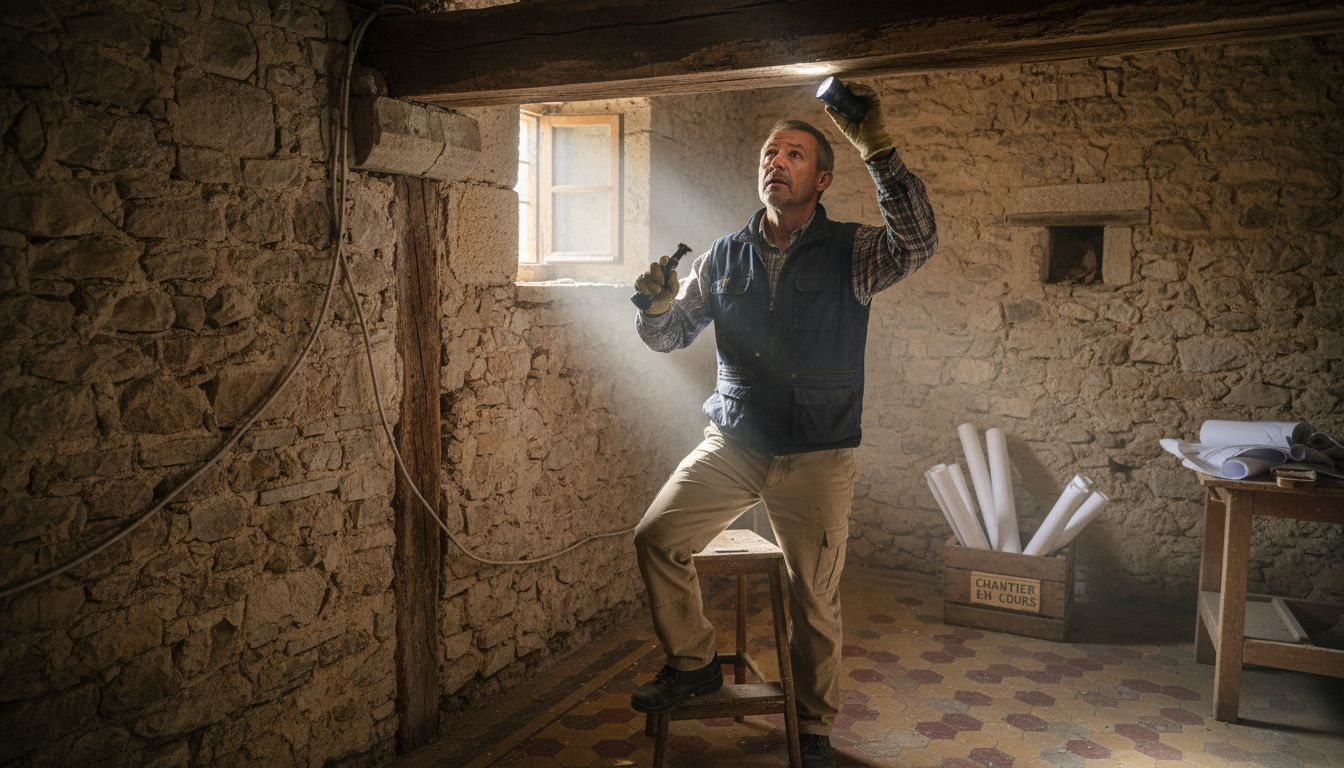 Un architecte examine minutieusement la structure d’un bâtiment ancien afin d’en garantir la solidité et de préserver son caractère historique.