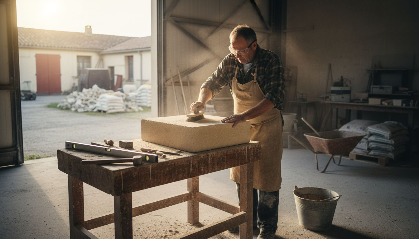 Un tailleur de pierre s’affaire sur le chantier, ses outils éparpillés tout autour de lui.