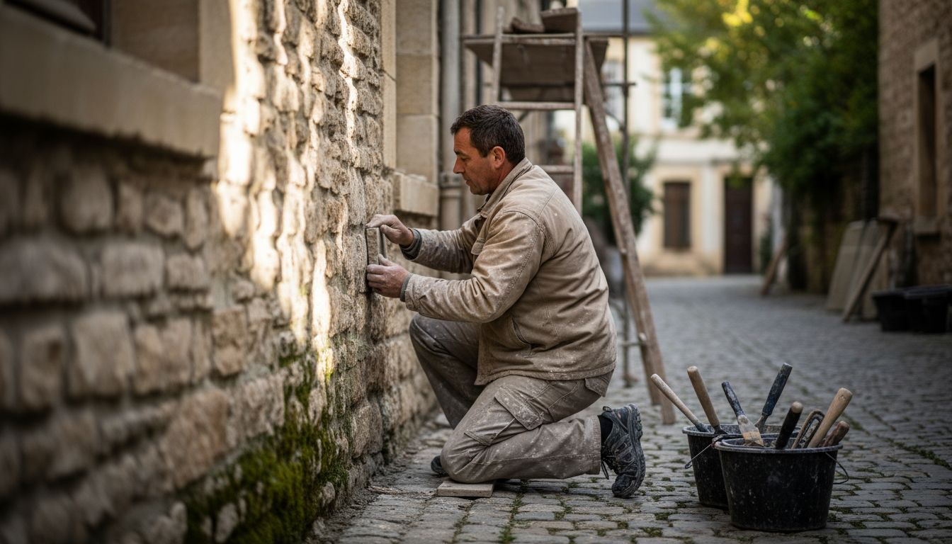 Un artisan restaurateur en train de poser des pierres de parement sur une façade ancienne, redonnant vie au charme d’antan.