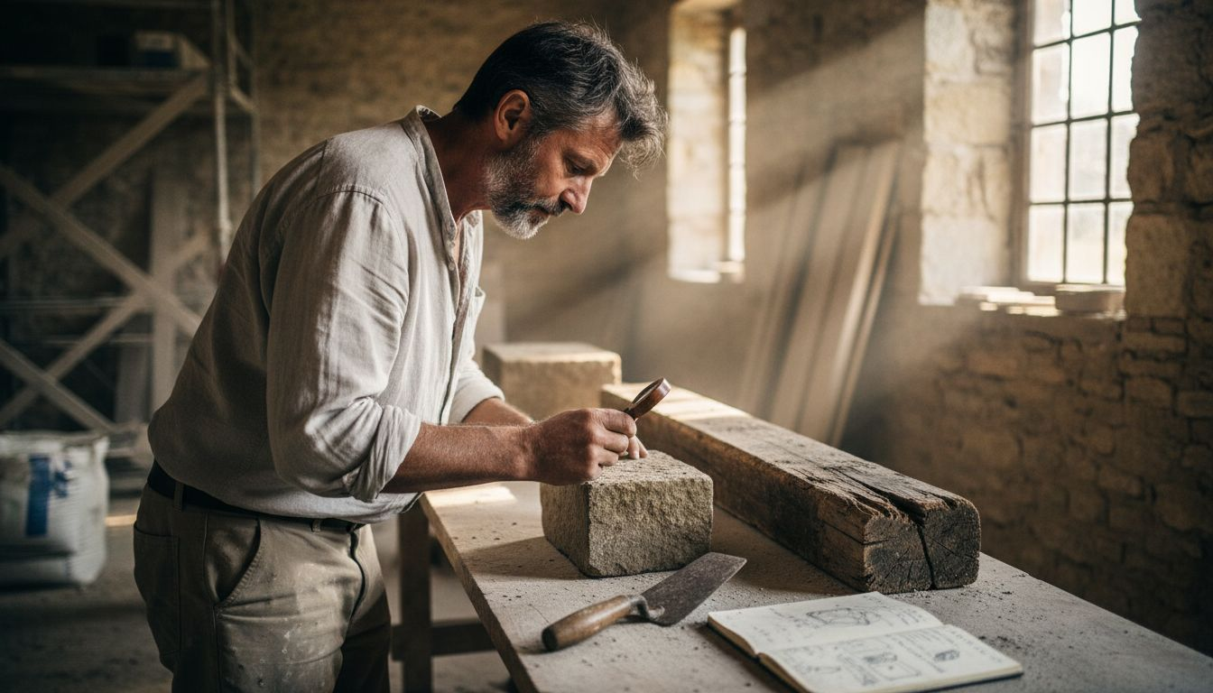 Un artisan restaurateur examine minutieusement la patine des vieilles pierres et le grain du bois ancien, à la recherche de traces du passé et de solutions pour leur redonner vie.
