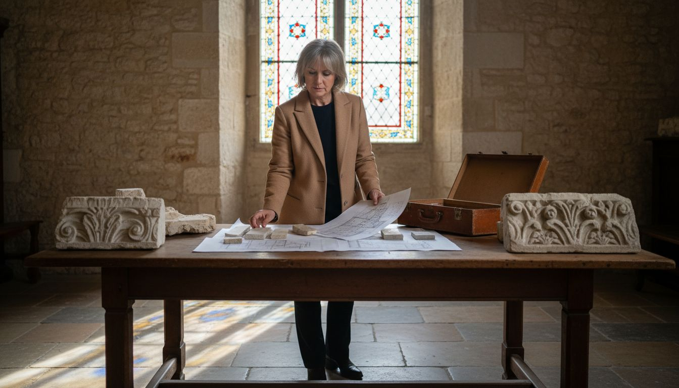 Un architecte en pleine sélection de matériaux au cœur d’un manoir chargé d’histoire.