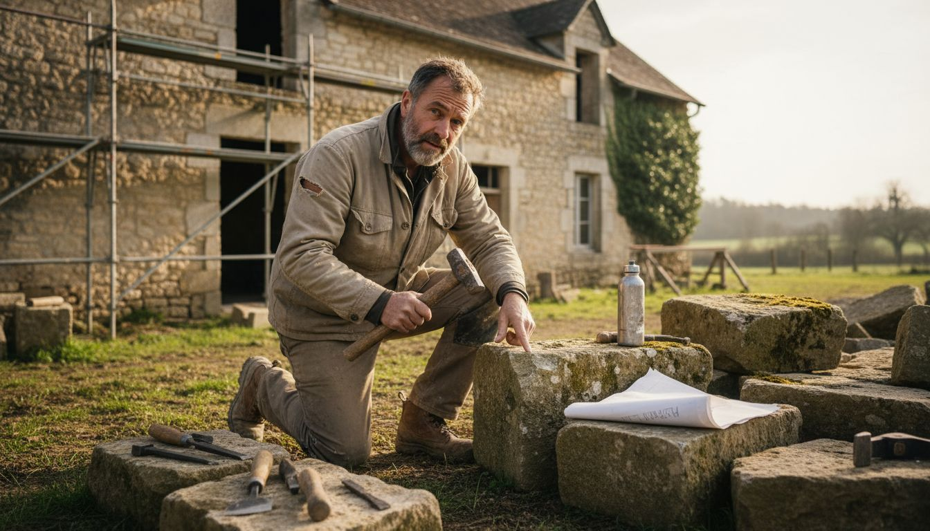 Un tailleur de pierre examine attentivement des blocs de pierre naturelle pour en vérifier la qualité.