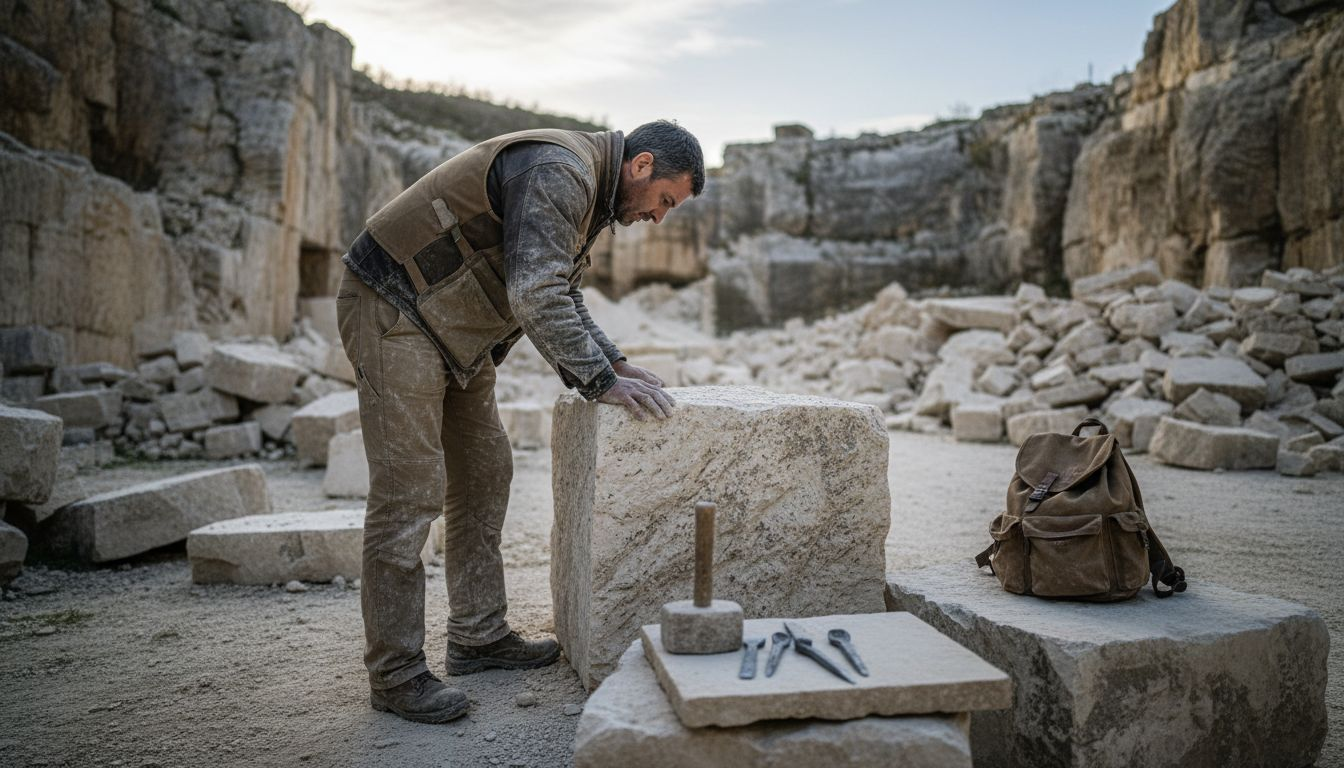 Un tailleur de pierre inspecte attentivement une roche brute directement sur le site d’extraction.