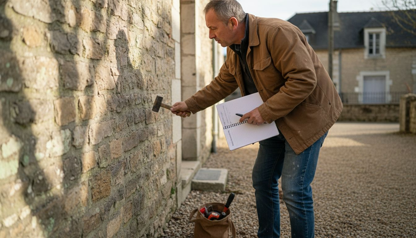 Un spécialiste examine la façade en pierre ancienne afin d’en évaluer l’état.