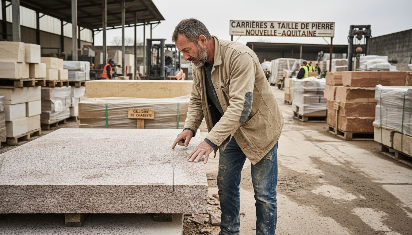 Un tailleur de pierre examine une dalle de granit à l'extérieur, attentif à la qualité et à la finition du matériau.