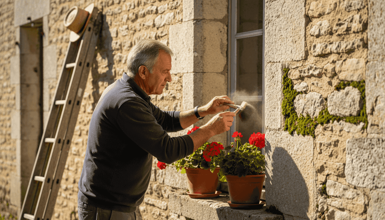 Un tailleur de pierre s’affaire à nettoyer la façade en pierre calcaire d’une vieille ferme.