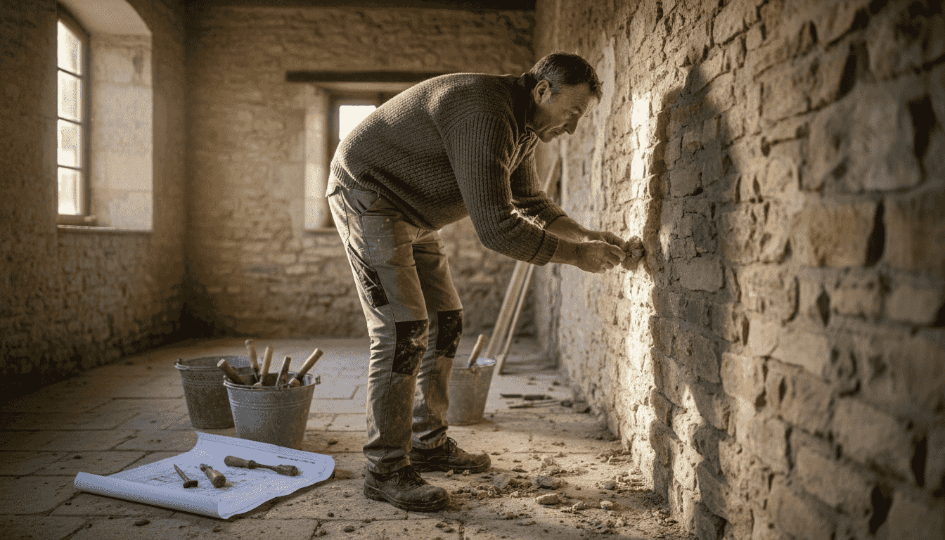 Un artisan examine minutieusement un mur en pierre avant d'entamer sa rénovation.