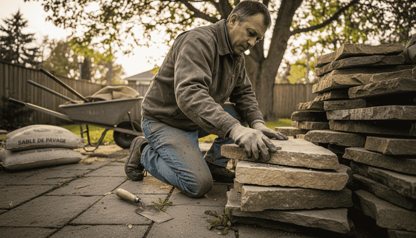 Un paysagiste examine attentivement des dalles en pierre naturelle posées à l’extérieur.
