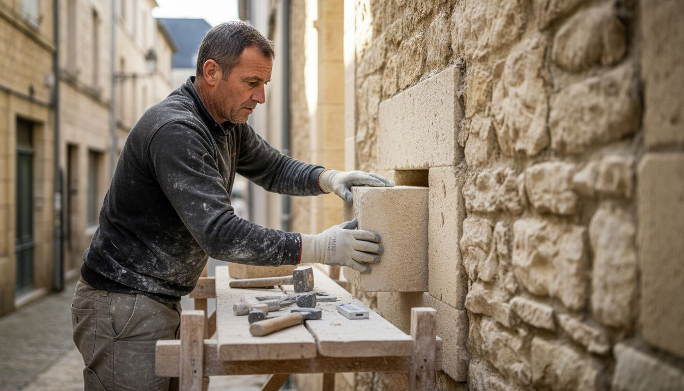 Un artisan tailleur de pierre en train de remettre en place une façade d’époque