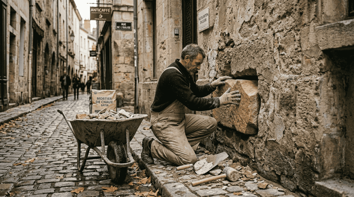 Pose de pierre naturelle sur une façade en ville, réalisée par un artisan qualifié.