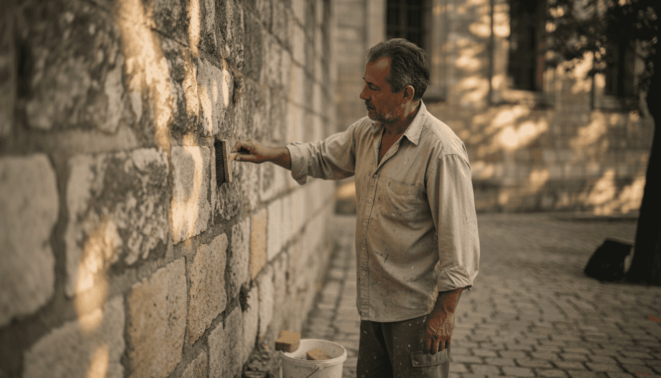 Un artisan examine attentivement la façade en pierre d’une bâtisse ancienne.
