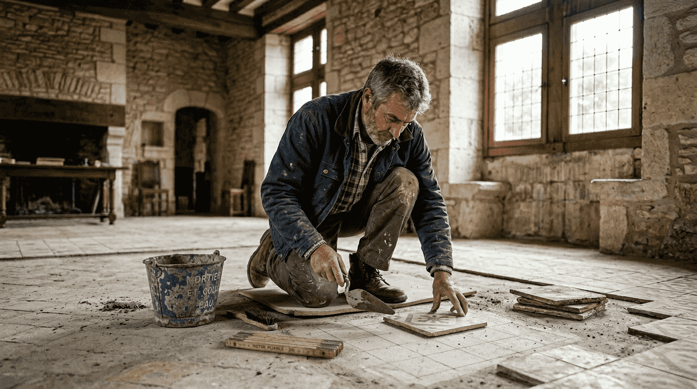 Un artisan redonne vie à une pièce d’époque en posant de magnifiques carreaux anciens, dans le respect des traditions.
