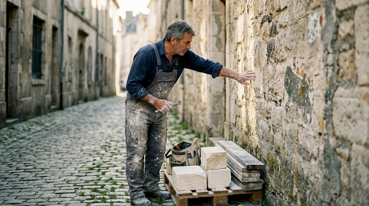 Un professionnel examine avec soin une façade en pierre d’origine, à la recherche de signes d’usure ou de particularités à restaurer.