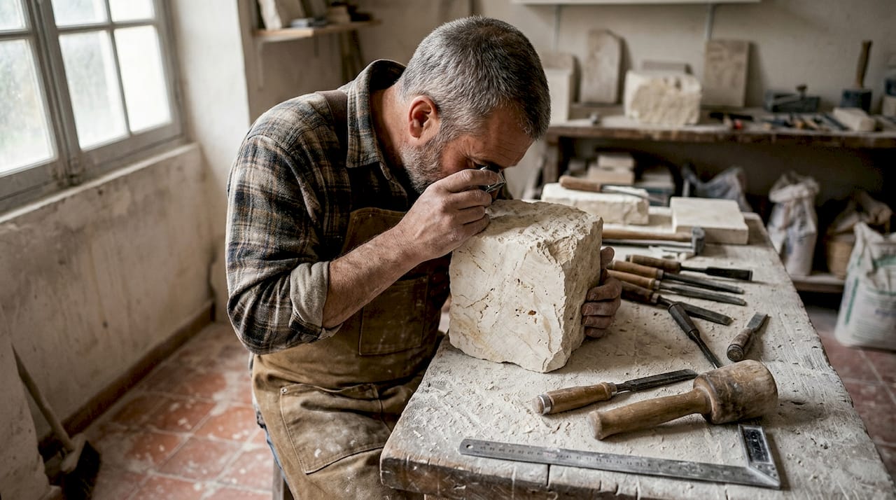 Un artisan inspecte minutieusement un bloc de pierre à l’aide d’une loupe.