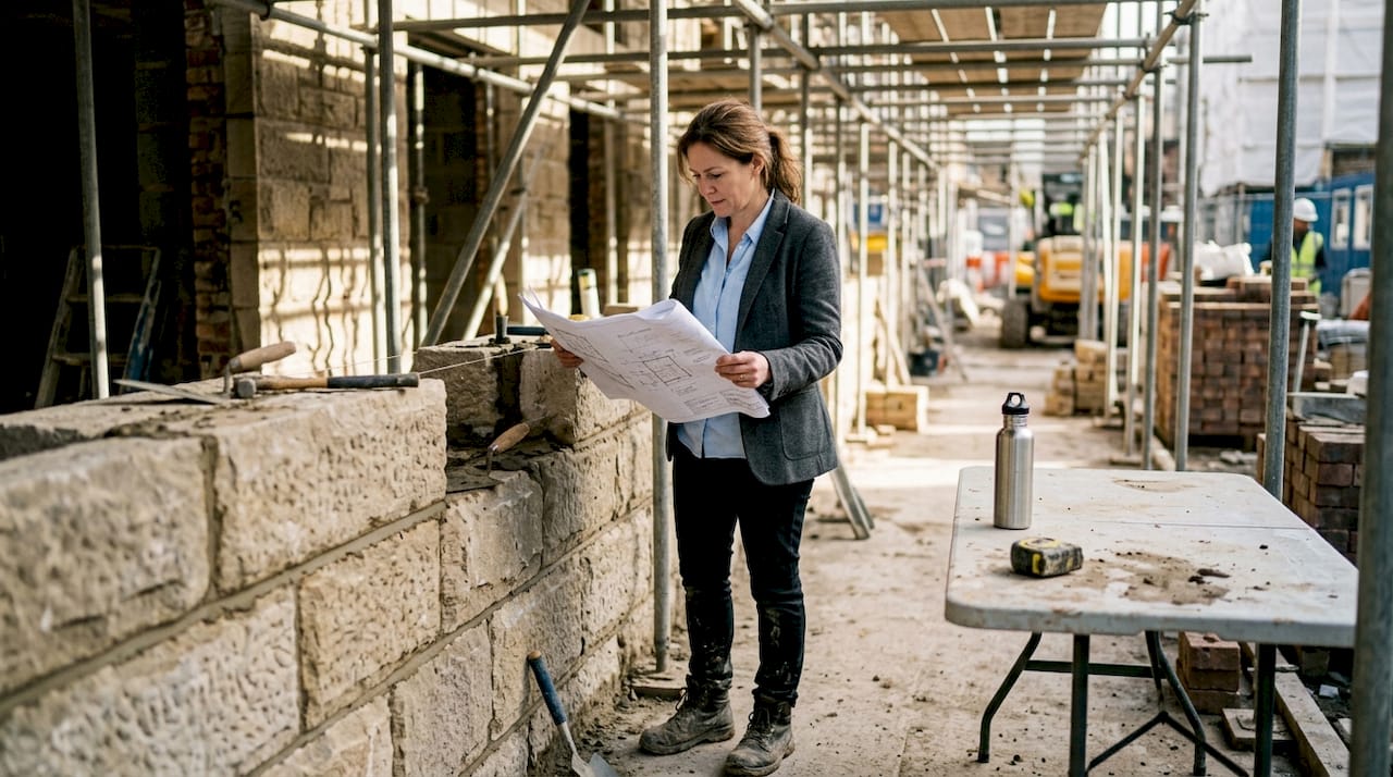 Un architecte examine les plans d’un mur en pierre directement sur le chantier.