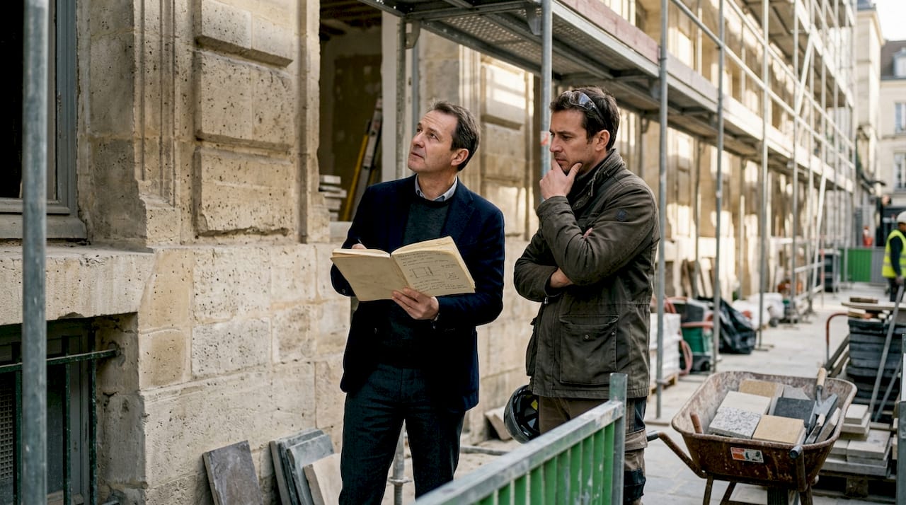 Un architecte et un ingénieur examinent en détail la façade d’un bâtiment ancien afin d’en évaluer l’état et d’identifier d’éventuelles interventions à prévoir.