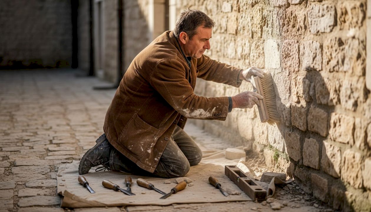 Un artisan maçon s’affaire à restaurer les pierres de la cour, dans le cadre des travaux de rénovation.