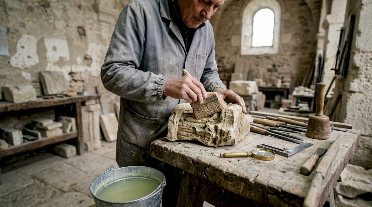 Le tailleur de pierre s'occupe de restaurer les surfaces en éliminant la patine calcaire qui s'est déposée au fil du temps.