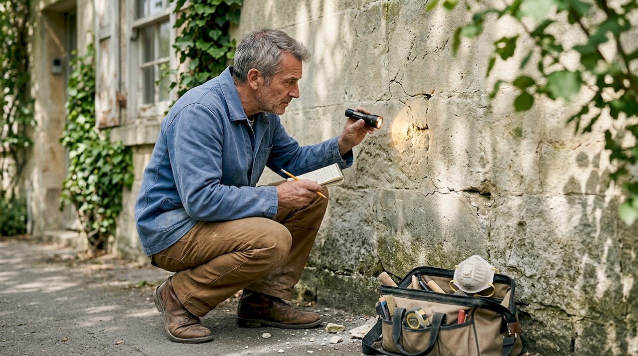 Un artisan examine minutieusement une paroi en pierre calcaire, attentif aux moindres détails.