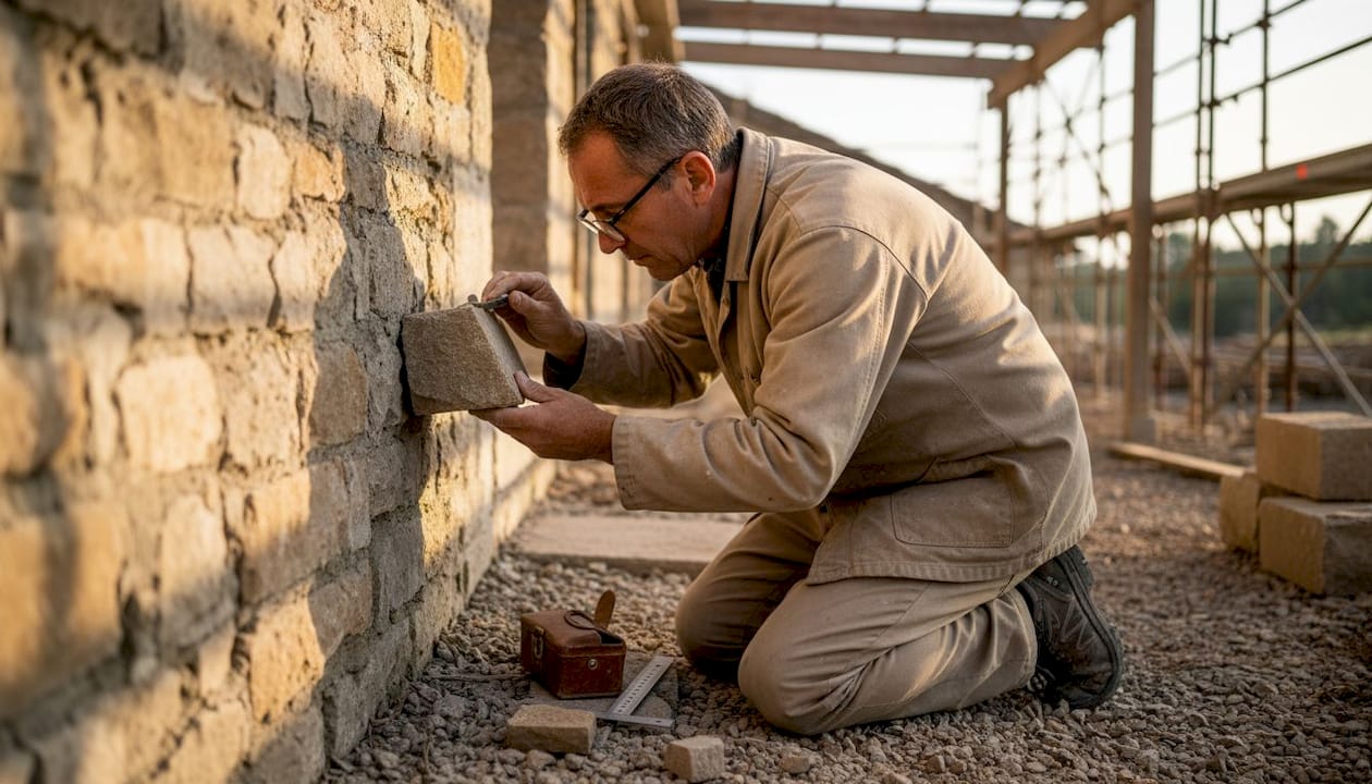 Un tailleur de pierre examine attentivement un vieux bloc sur le chantier.
