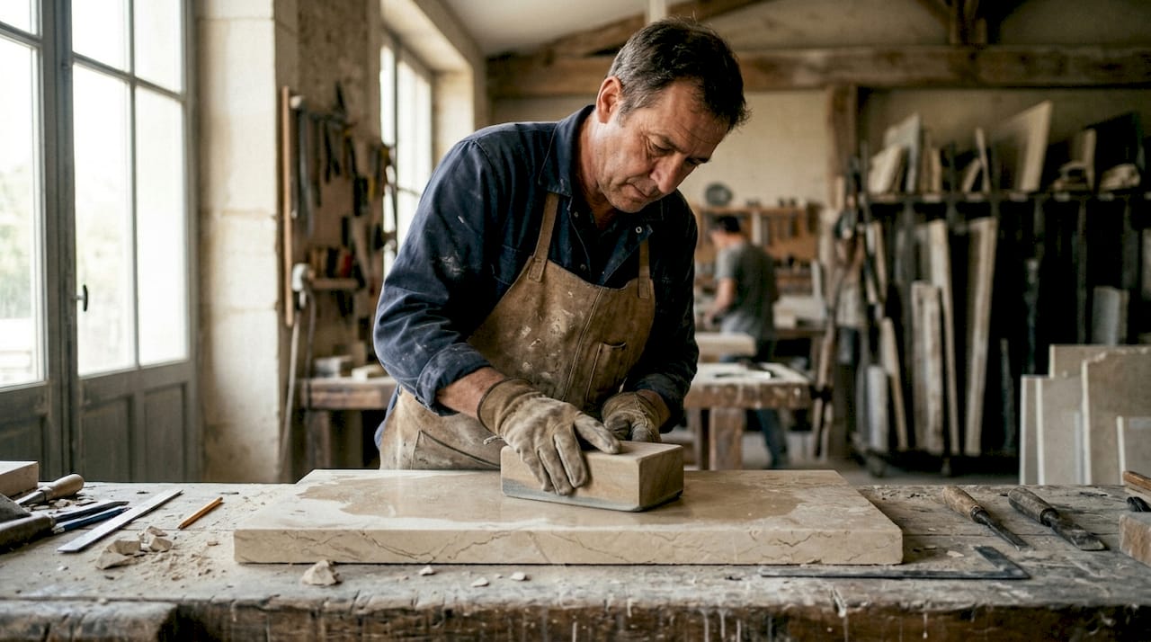 Un artisan tailleur de pierre façonne minutieusement une plaque de calcaire.