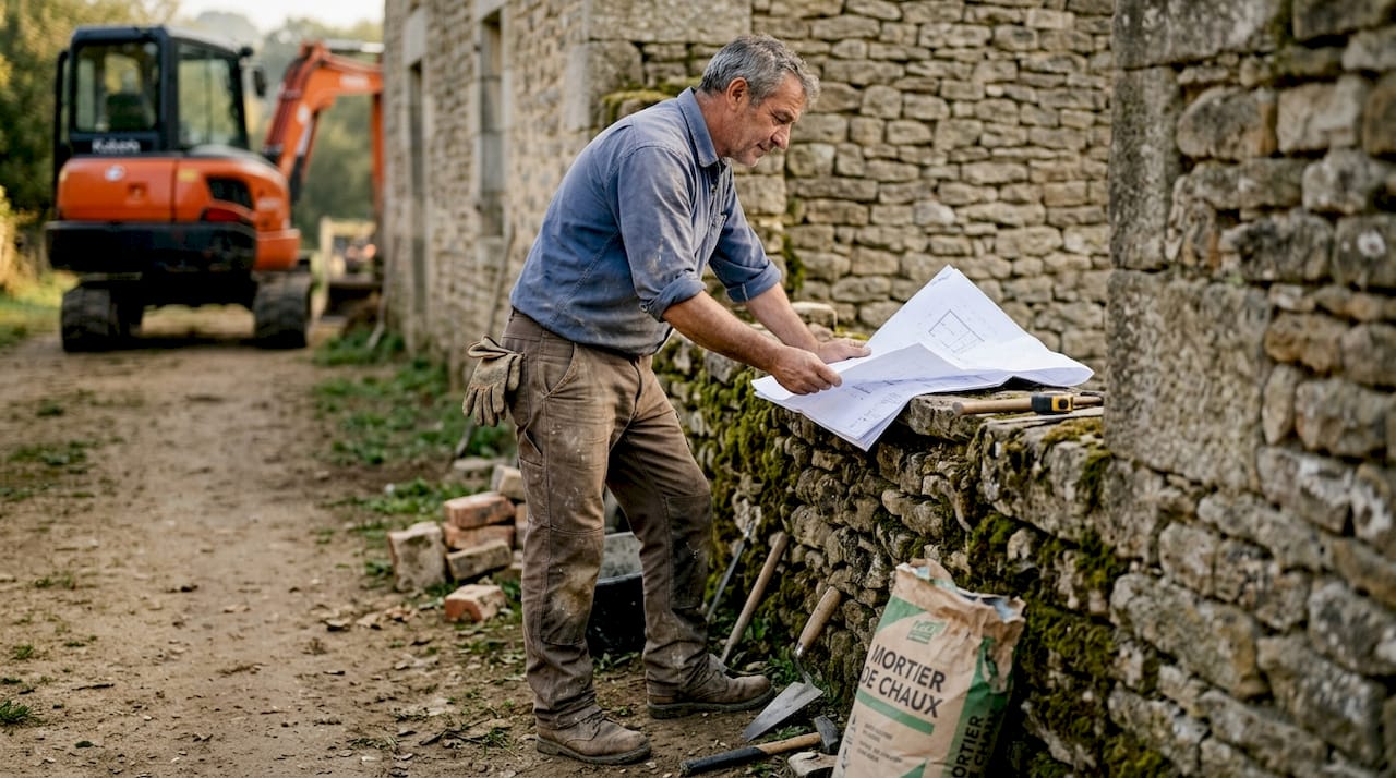 Le conducteur de travaux examine attentivement la préparation réalisée sur les vieilles pierres.