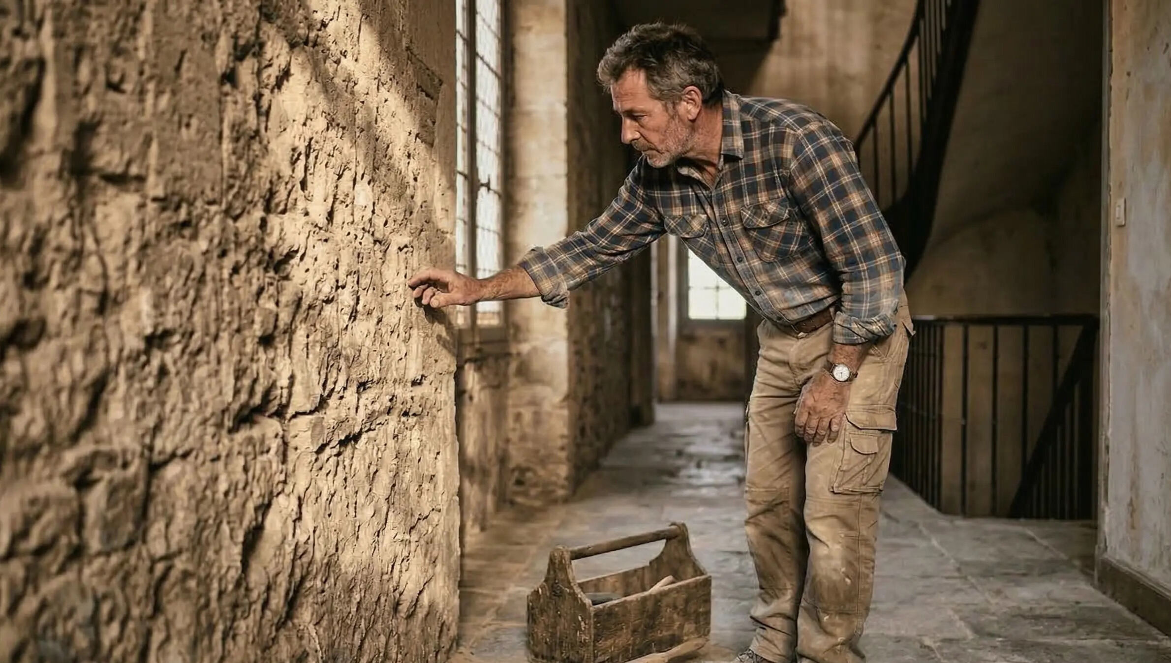 Stonemason-examining-old-stone-wall-details-3