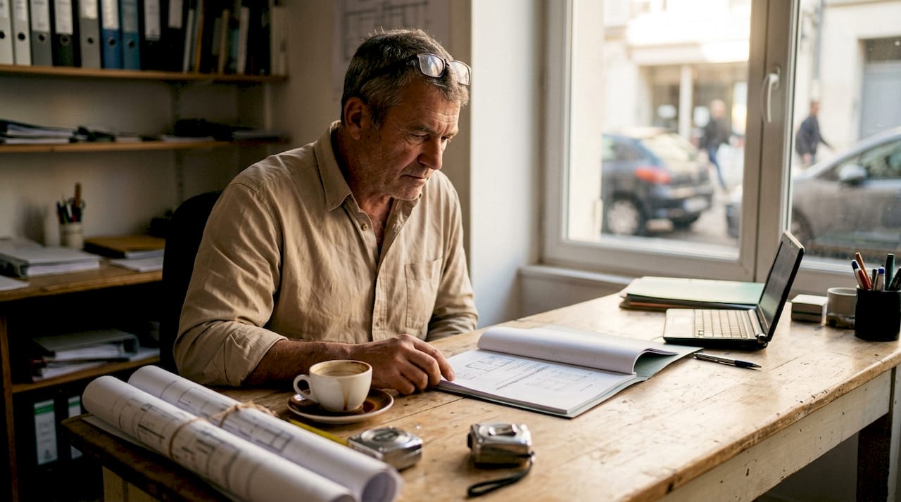 Un artisan étudie attentivement un dossier de rénovation certifié