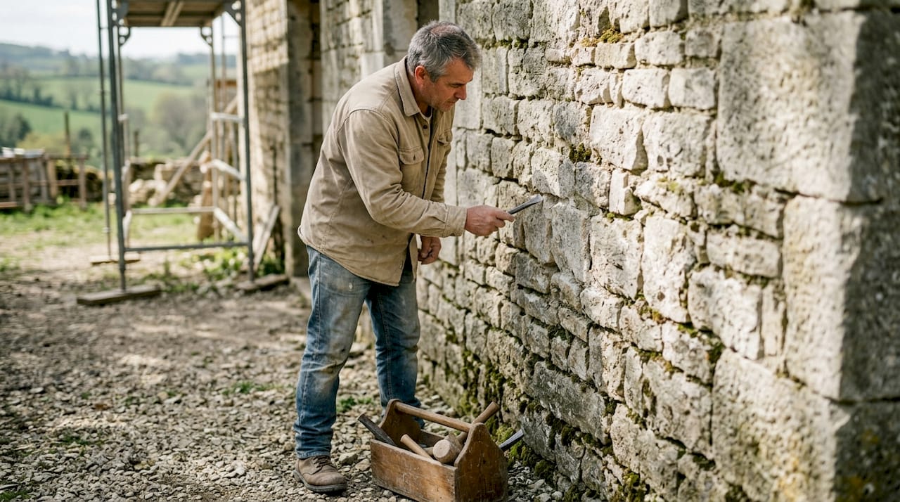 Un tailleur de pierre examine minutieusement la restauration d’un vieux mur en pierre, vérifiant la qualité du travail effectué.
