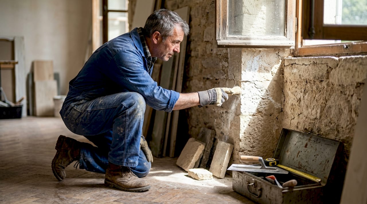 Un maçon inspecte minutieusement un mur en pierre calcaire dans le cadre des travaux de restauration.
