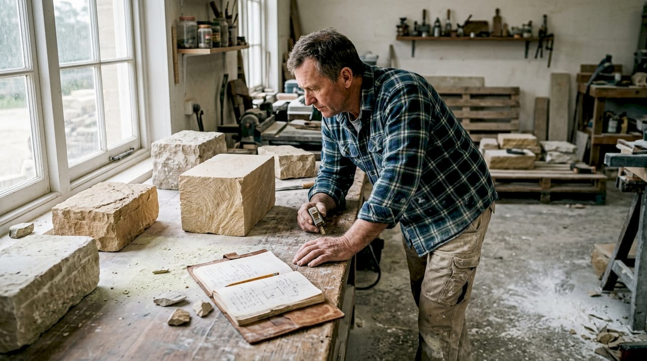 Dans son atelier, l’artisan observe attentivement les pierres naturelles, à la recherche de leurs plus beaux reflets.