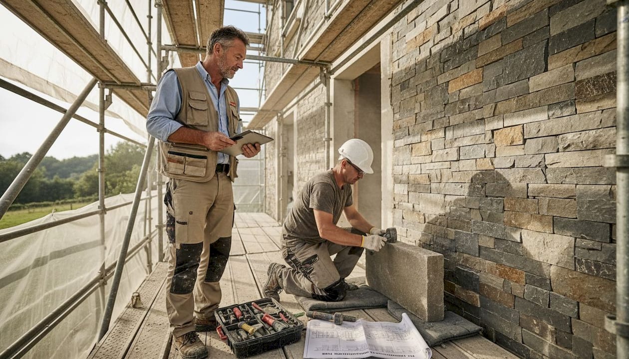 Le chef de projet vérifie la bonne pose de la façade en pierre sur le chantier.