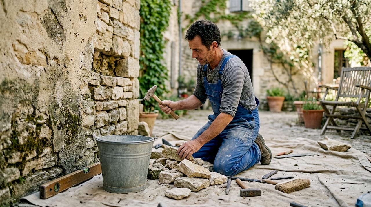 Un artisan remet à neuf un mur en utilisant des matériaux authentiques, fidèles à l'origine.