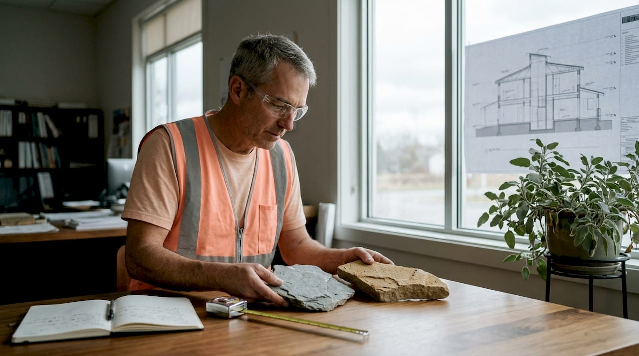 Un homme examine des pierres naturelles à son bureau, concentré sur leur composition et leurs particularités.