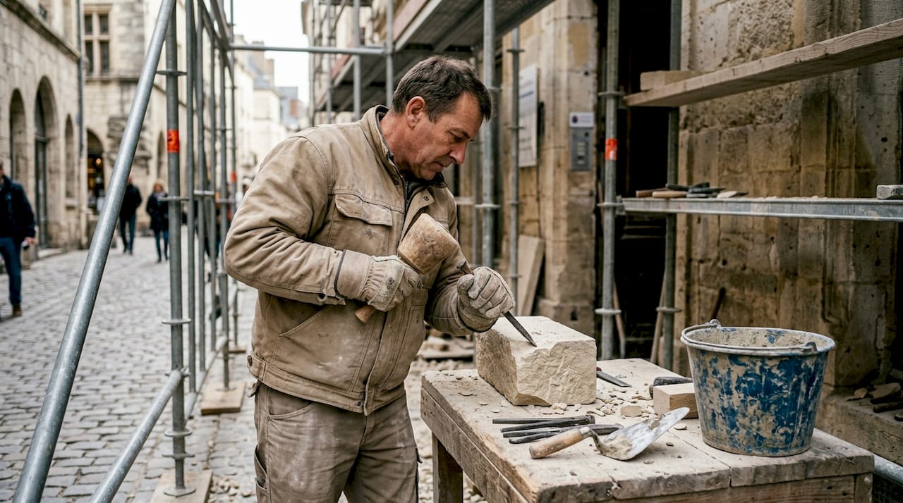 Un tailleur de pierre en plein travail sur un chantier en ville