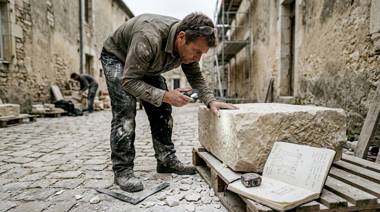 Un tailleur de pierre examine attentivement la pierre sur le chantier afin d’en évaluer la porosité.