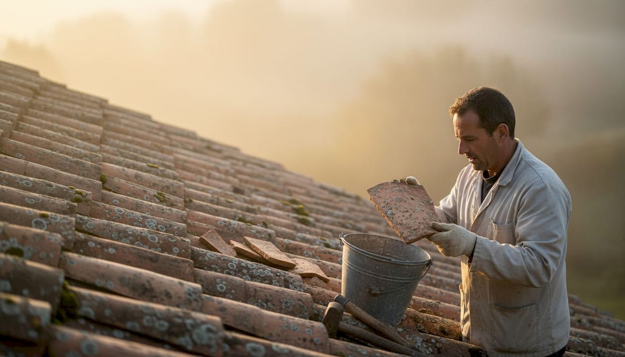 Un artisan couvreur examine l’état des vieilles tuiles sur la toiture d’une maison à la campagne.