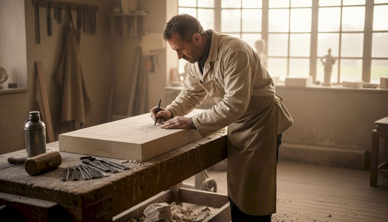 Un artisan s'applique à dessiner les premiers tracés sur un bloc de pierre dans son atelier.