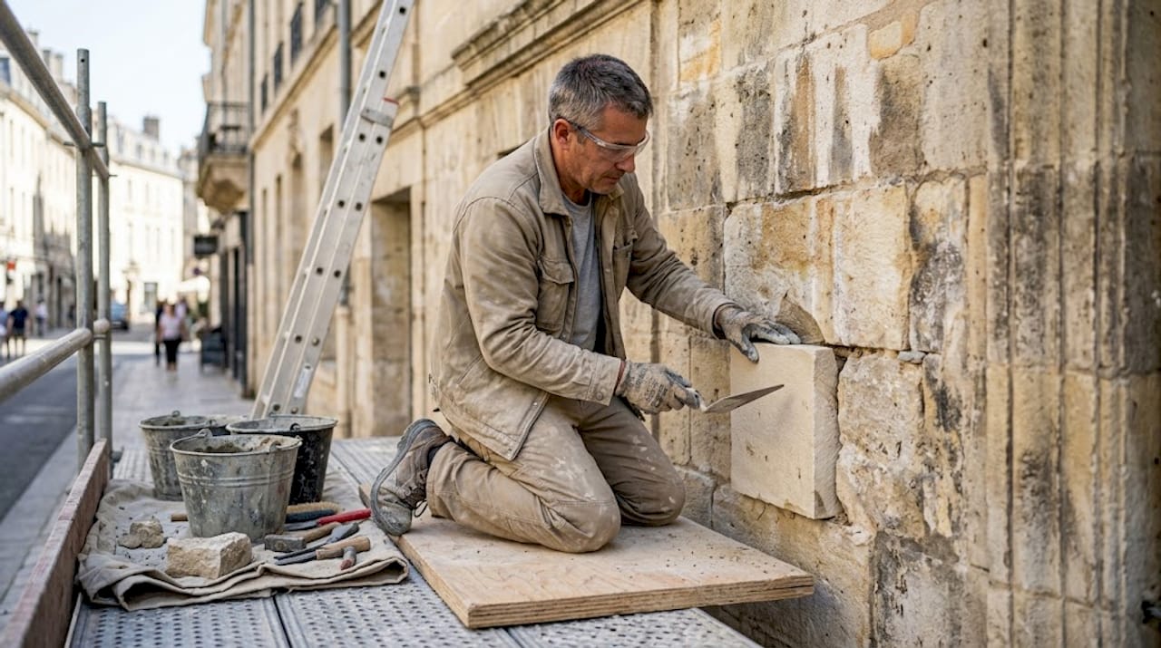 Un tailleur de pierre redonne vie aux murs en pierre d’un bâtiment classé, en restaurant minutieusement chaque élément pour préserver le patrimoine.