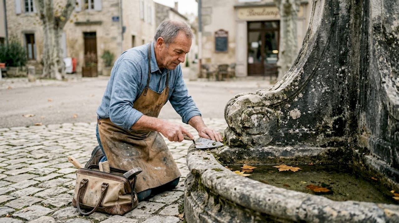 Un artisan tailleur de pierre redonne vie à une fontaine d’époque.