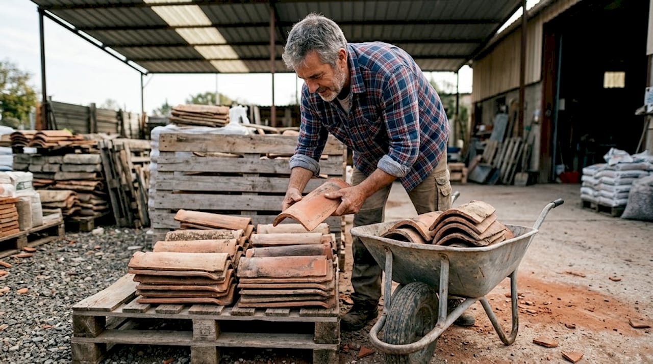 Sur le chantier, l’artisan sélectionne et organise les tuiles canal avec soin.