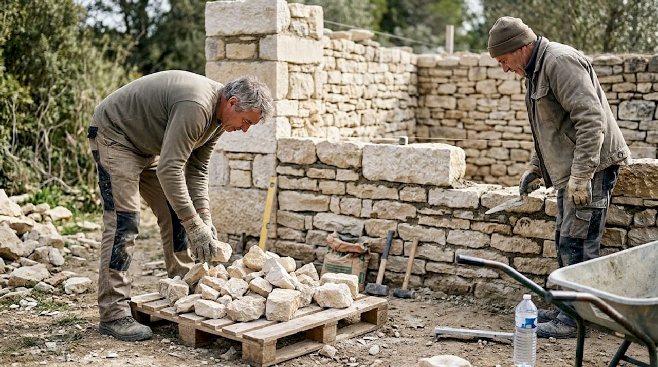 Des ouvriers qualifiés en train de poser des moellons sur un chantier