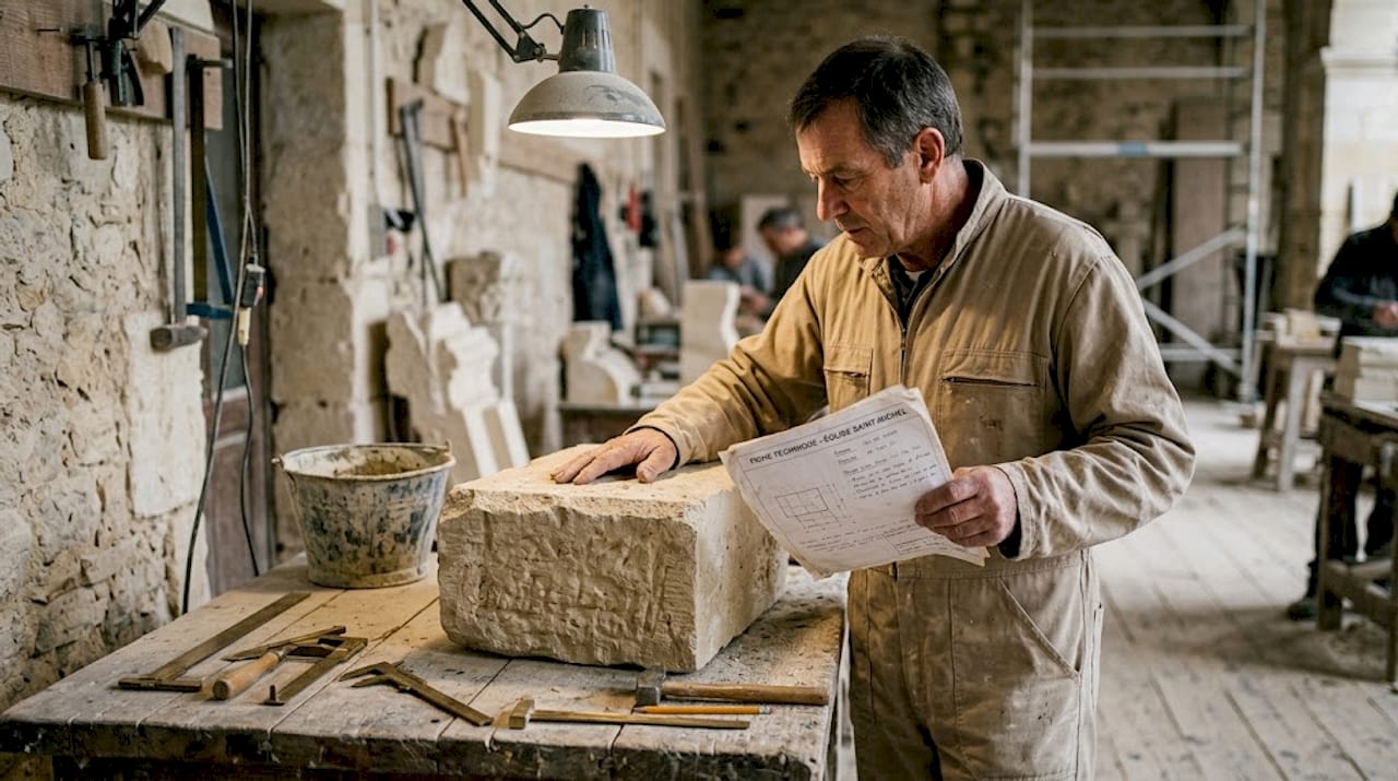 Sur le chantier de restauration, un artisan examine minutieusement la pierre afin d’en évaluer l’état et de déterminer les interventions nécessaires.