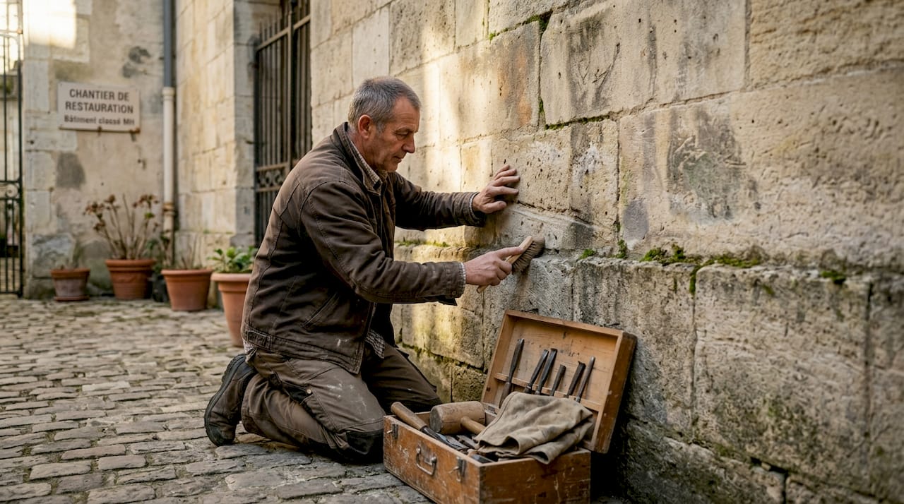 Dans la cour, le maçon observe attentivement un vieux mur de pierres, scrutant chaque détail de son ouvrage.