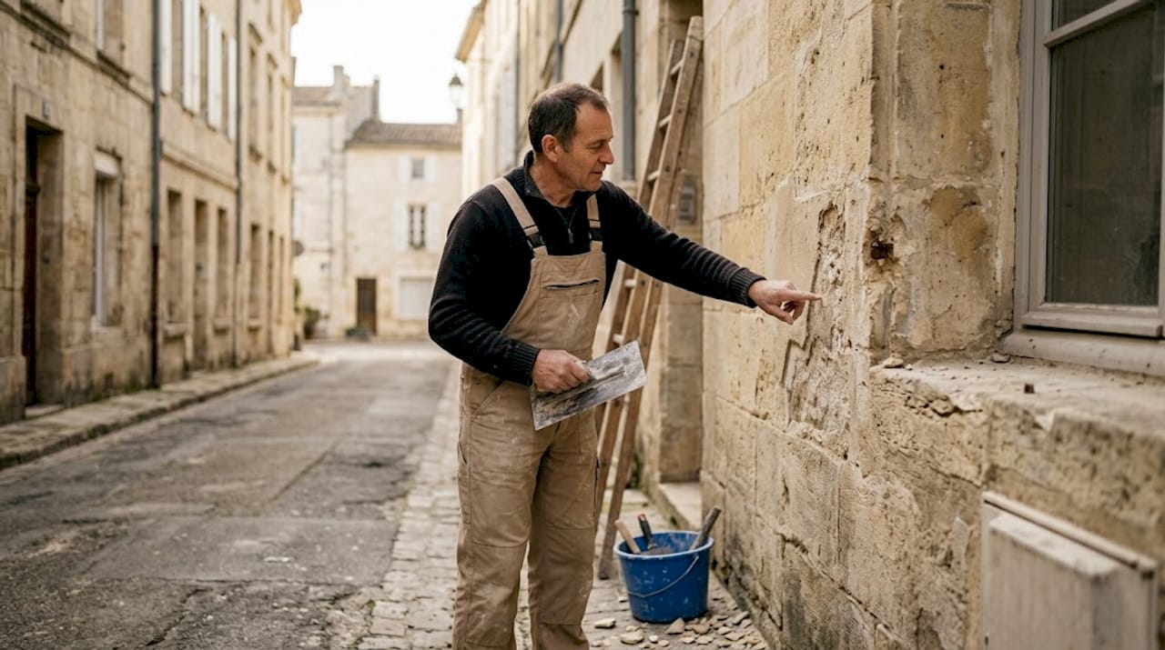 Un artisan examine attentivement la façade en pierre d’une maison située dans une rue calme du quartier résidentiel.