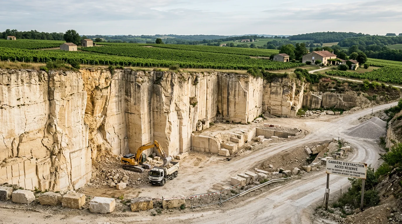 Front de taille d'une carrière de calcaire blond en Gironde sous les vignes
