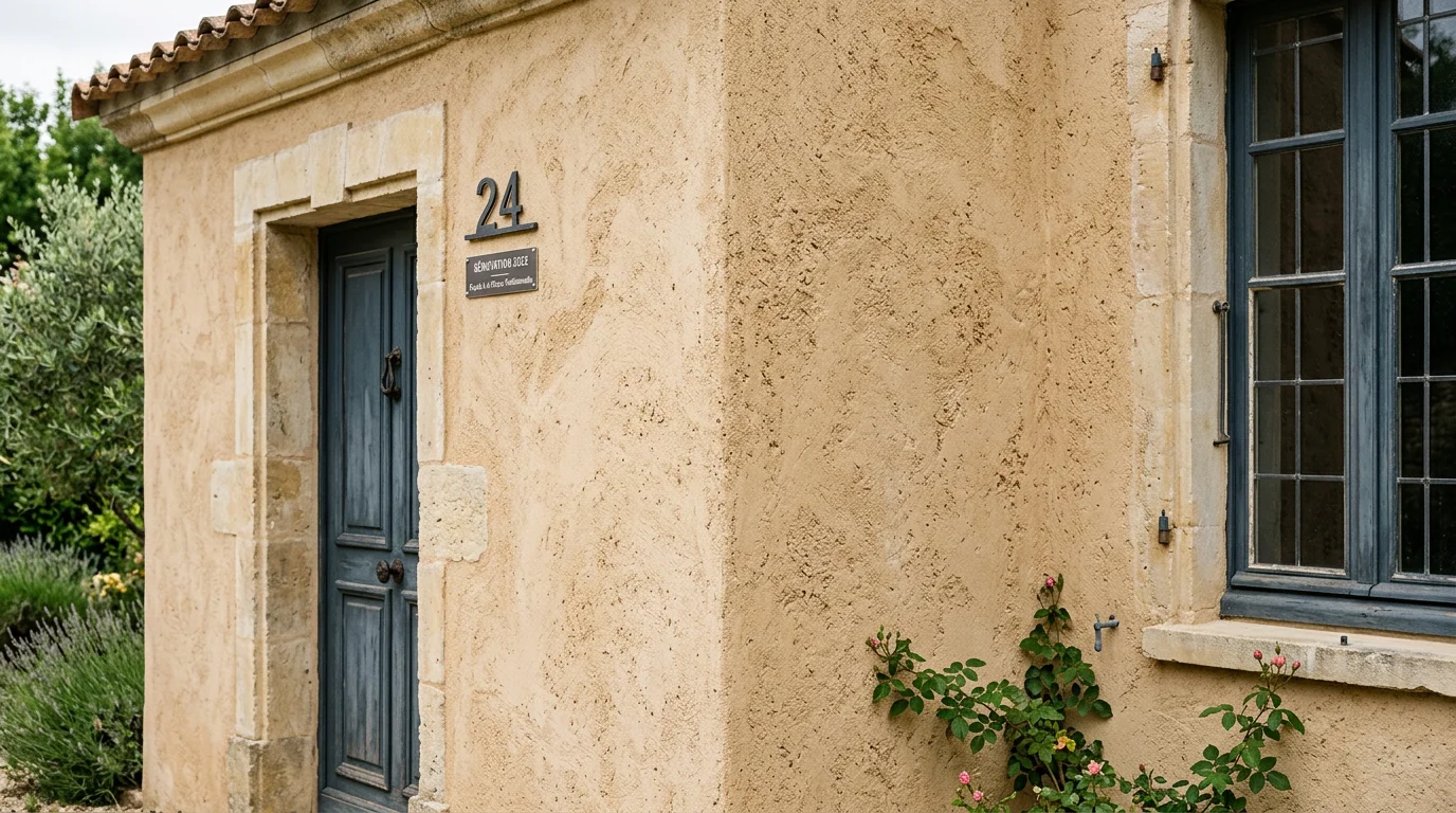 Façade de maison enduite d'un crépi ton pierre beige naturel