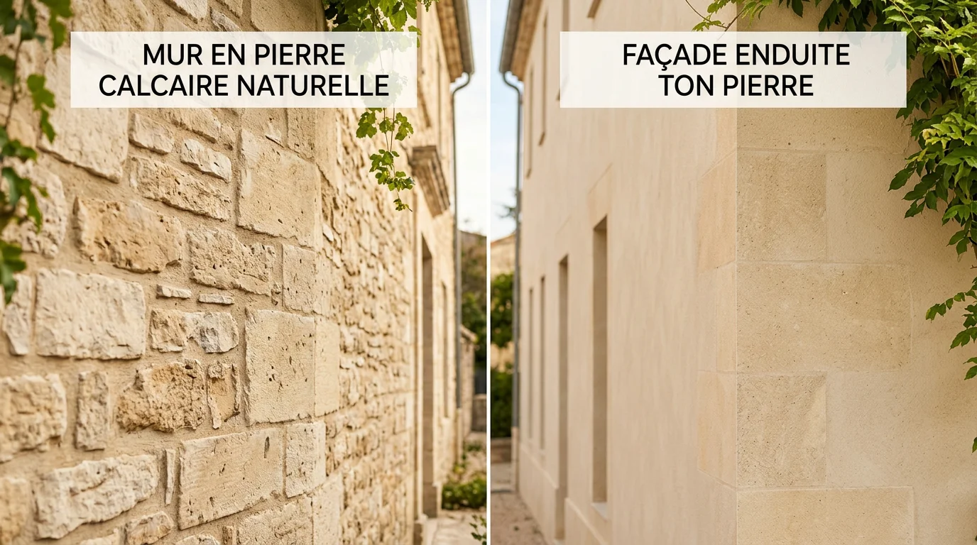 Comparaison entre un mur en pierre naturelle et une façade en crépi ton pierre